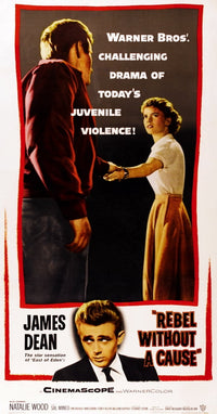 Rebel Without a Cause movie poster print featuring James Dean and Natalie Wood.