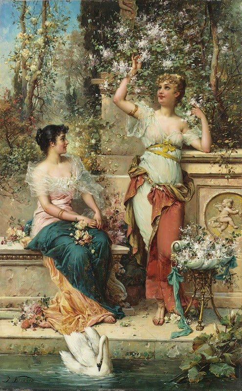 Two Ladies in a Park art print by Hans Zatzka, available in multiple sizes.