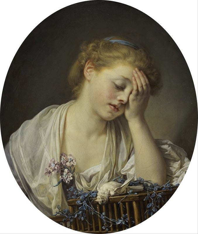 A Girl With A Dead Canary art print by Jean-Baptiste Greuze showcasing a young girl's emotional expression.