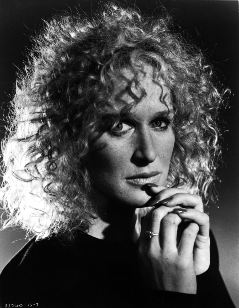 Classic portrait photo print of Glenn Close with curly hair.