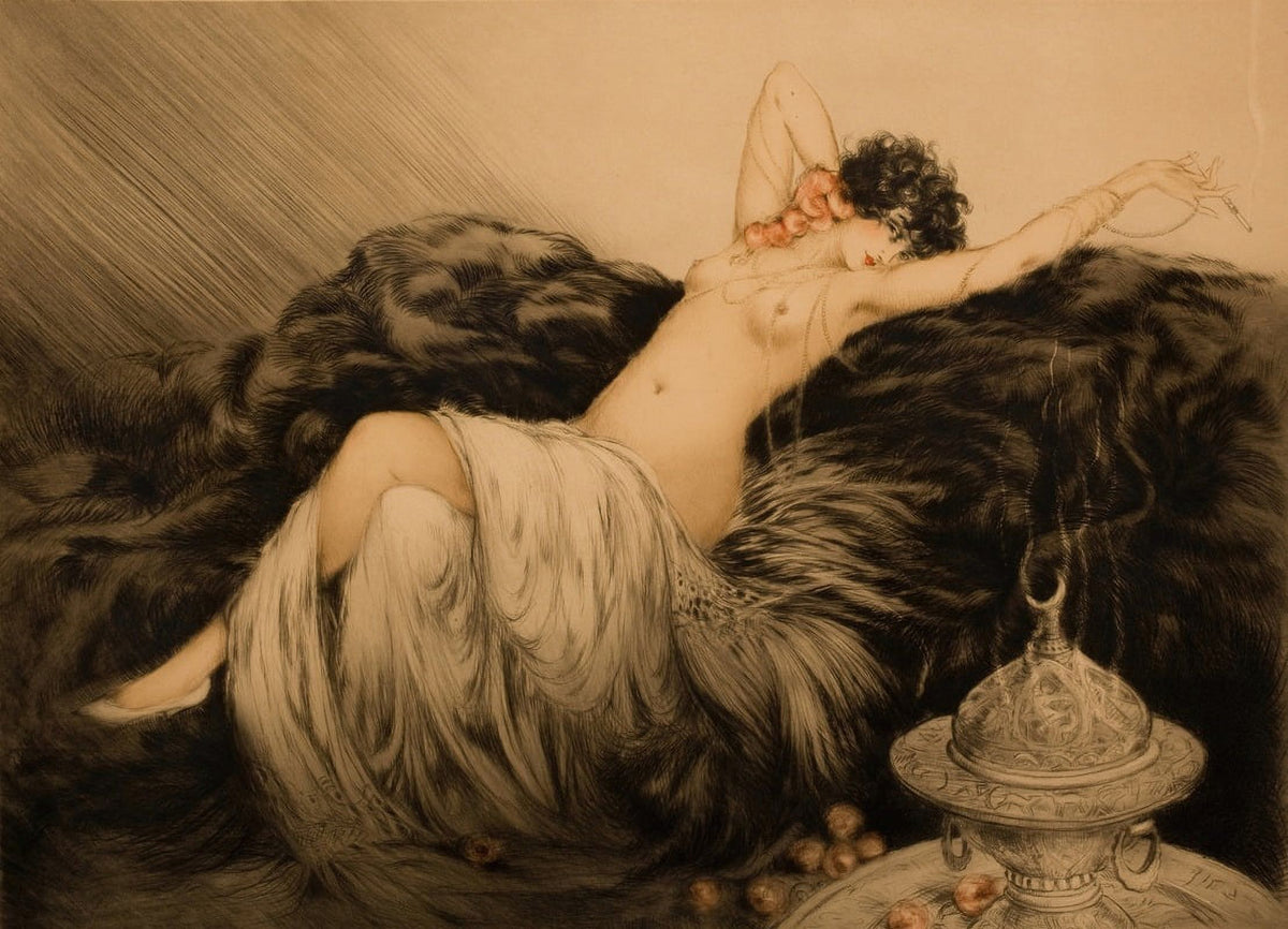 Nude with Black Fur Art Print by Louis Icart, available in multiple sizes.