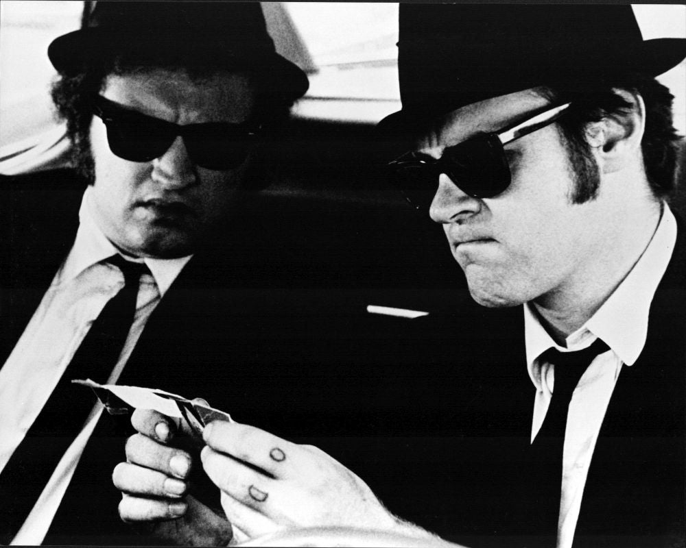 Black and white photo print of John Belushi and Dan Aykroyd in car from The Blues Brothers.