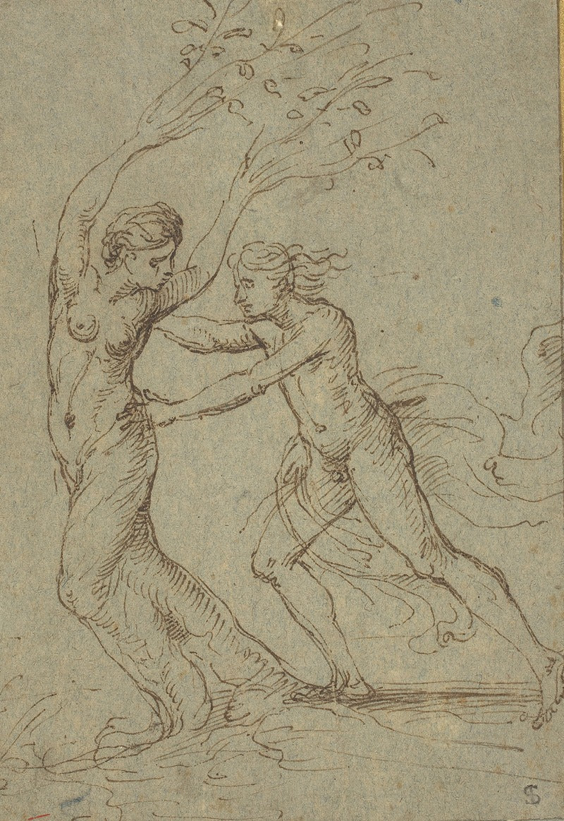 Apollo and Daphne poster print by Follower of Giulio Romano, showcasing a classical mythological theme.