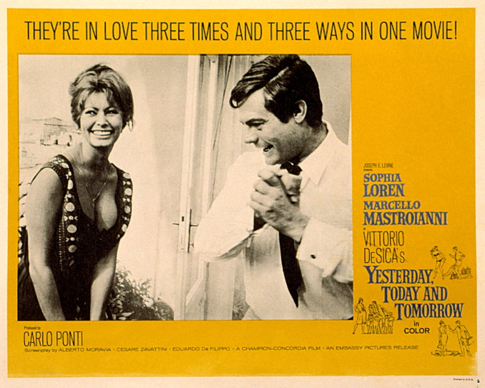Yesterday, Today and Tomorrow movie poster featuring Sophia Loren and Marcello Mastroianni.