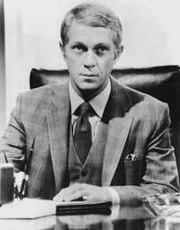 Steve McQueen at a desk photo print, iconic actor image.
