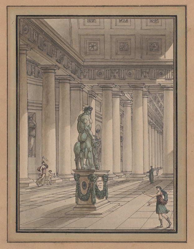 Classical Interior with Hercules Statue Art Print by Jean-Arnaud Raymond