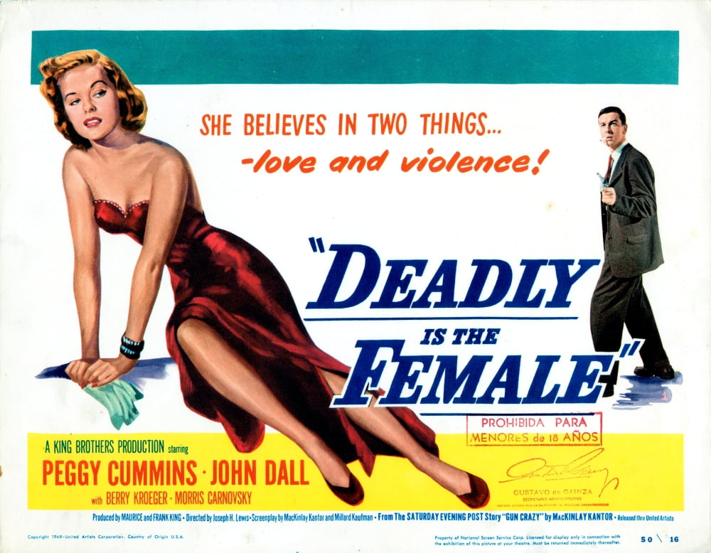 Gun Crazy movie title card print featuring Peggy Cummins and John Dall, 1949 classic film art.
