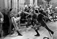 Adventures of Robin Hood 1938 movie poster featuring Basil Rathbone and Errol Flynn.