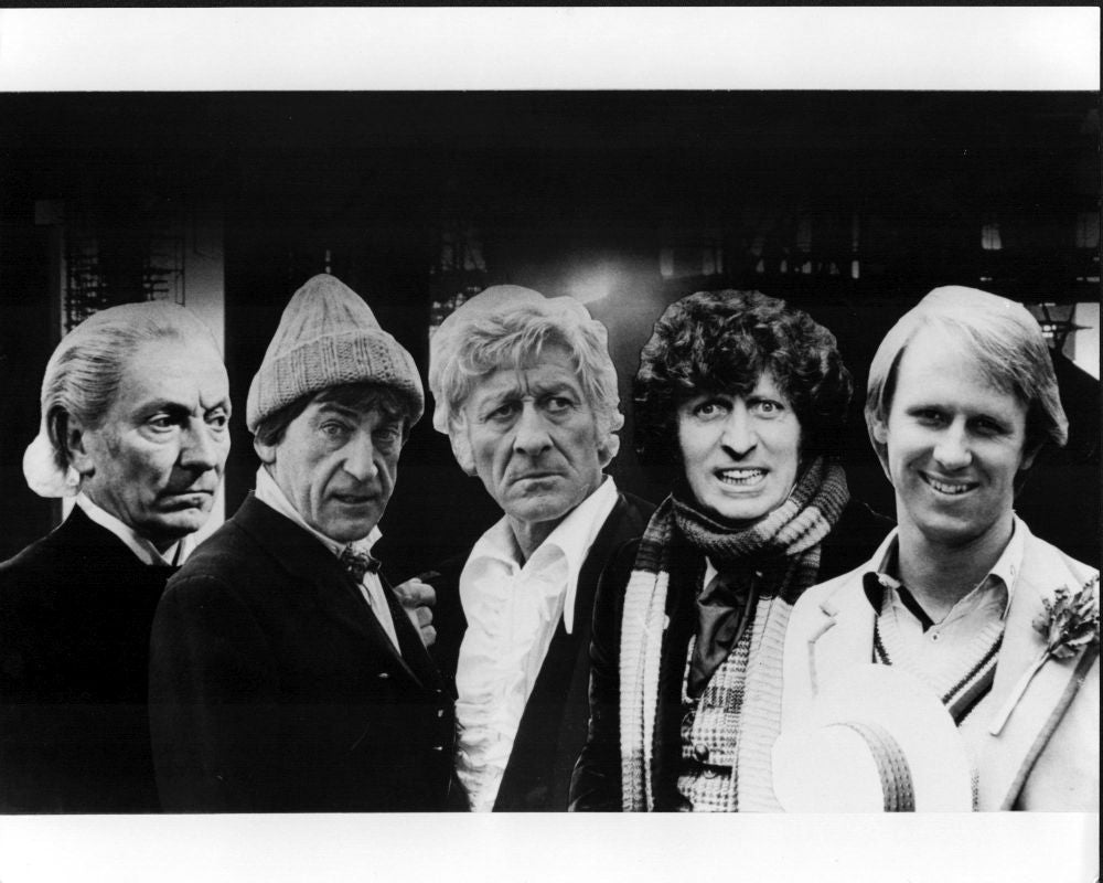 Black and white photo print of five Doctors from Doctor Who: William Hartnell, Patrick Troughton, Jon Pertwee, Tom Baker, and Peter Davison.