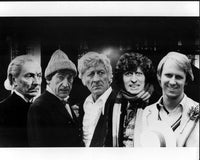 Black and white photo print of five Doctors from Doctor Who: William Hartnell, Patrick Troughton, Jon Pertwee, Tom Baker, and Peter Davison.