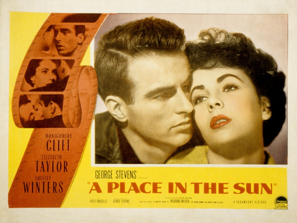 A Place In The Sun movie poster featuring Montgomery Clift and Elizabeth Taylor, 1951.