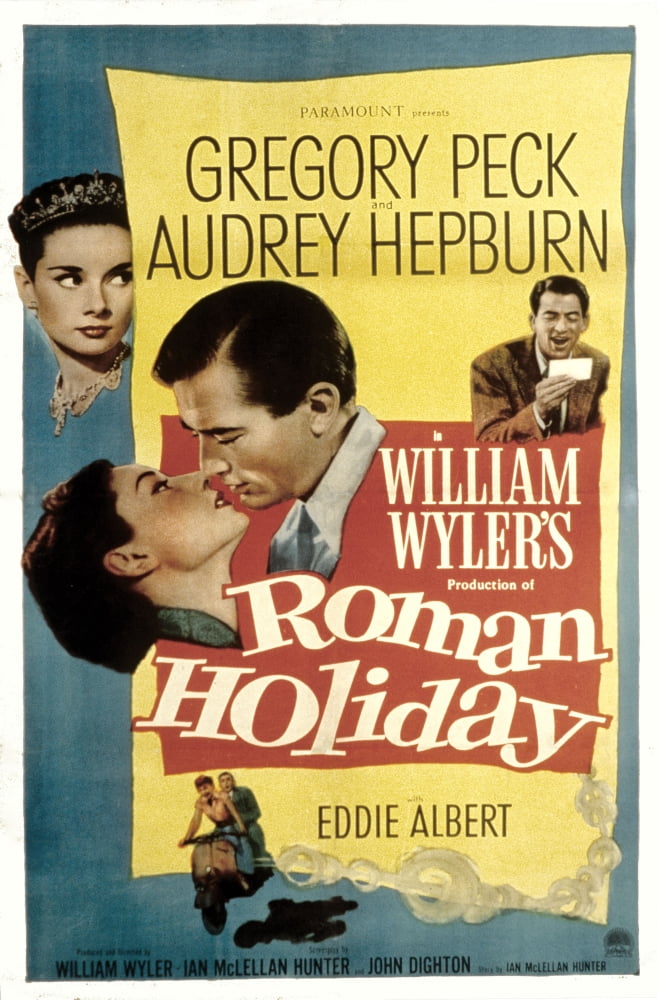 Roman Holiday movie poster featuring Audrey Hepburn and Gregory Peck, 1953 classic film.