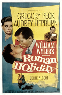 Roman Holiday movie poster featuring Audrey Hepburn and Gregory Peck, 1953 classic film.