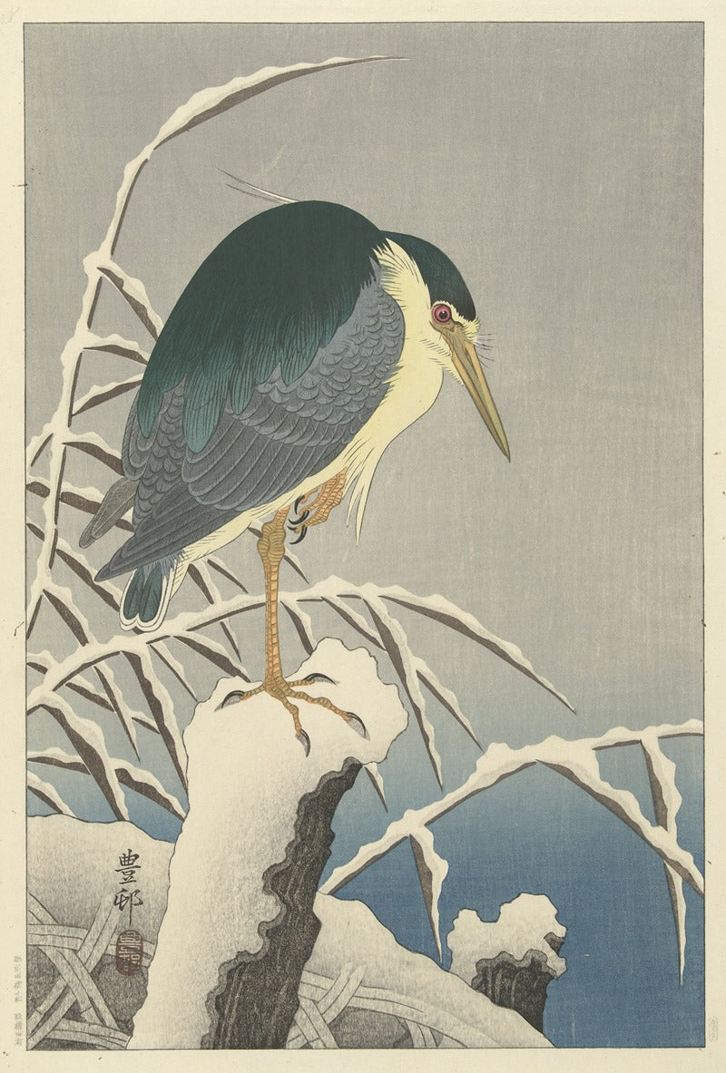 Heron in Snow art print by Ohara Koson showcasing a heron in a snowy landscape.