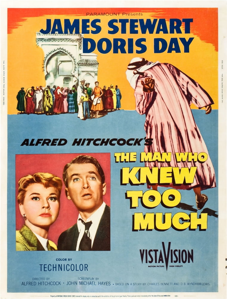 The Man Who Knew Too Much movie poster print featuring Doris Day and James Stewart, 1956 classic film.