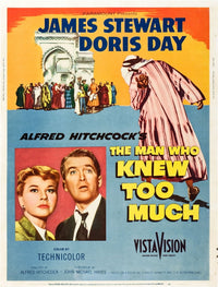 The Man Who Knew Too Much movie poster print featuring Doris Day and James Stewart, 1956 classic film.