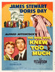The Man Who Knew Too Much movie poster print featuring Doris Day and James Stewart, 1956 classic film.