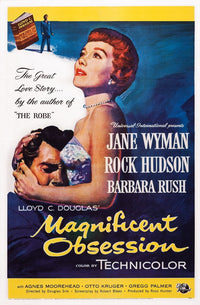 Magnificent Obsession movie poster print featuring Rock Hudson and Jane Wyman, 1954 classic film.