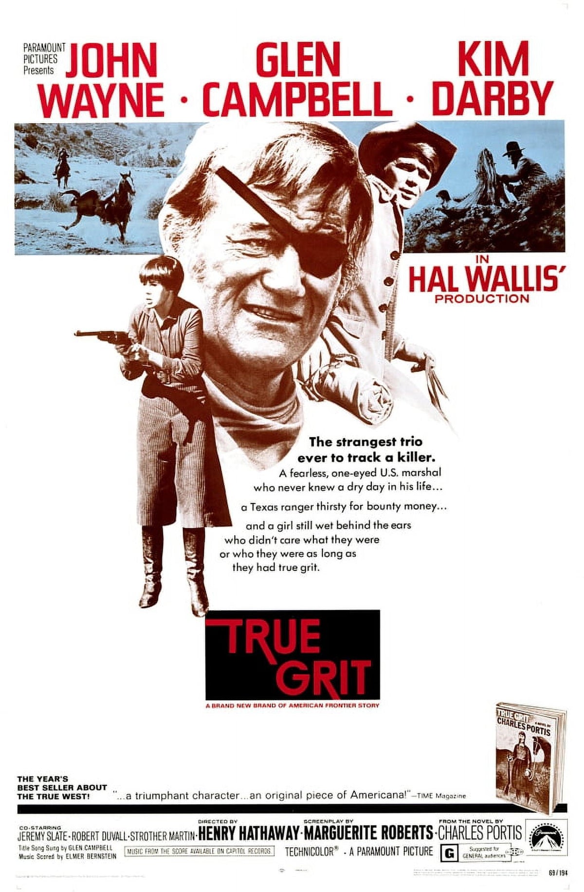 True Grit Movie Poster Masterprint featuring Kim Darby, John Wayne, and Glen Campbell, 1969 film.