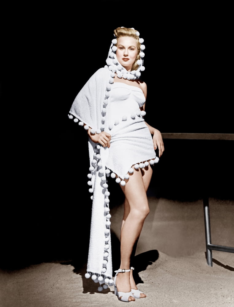 Virginia Mayo 1948 photo print modeling a hooded stole over a bathing suit