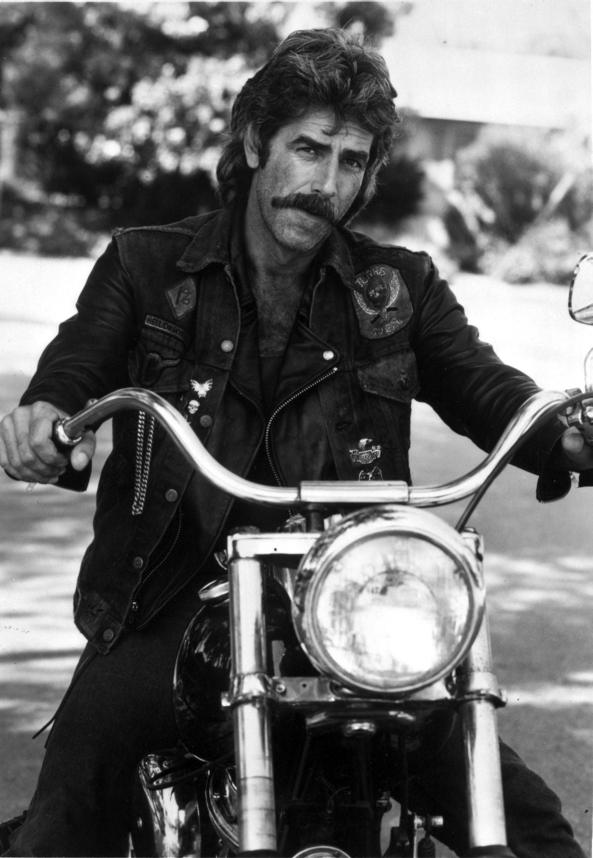 Sam Elliott on a motorcycle photo print - iconic cinematic image.