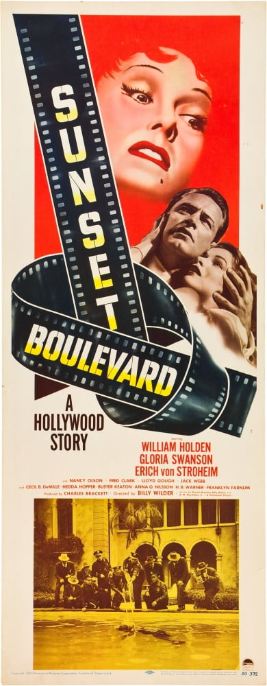 Sunset Boulevard movie poster featuring Gloria Swanson, William Holden, and Nancy Olson, 11x17 masterprint.