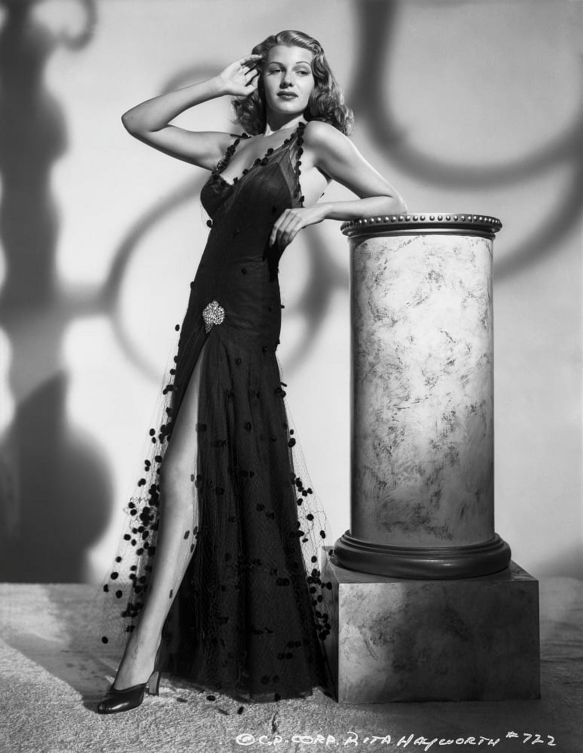 Rita Hayworth in elegant long black gown black and white photo print