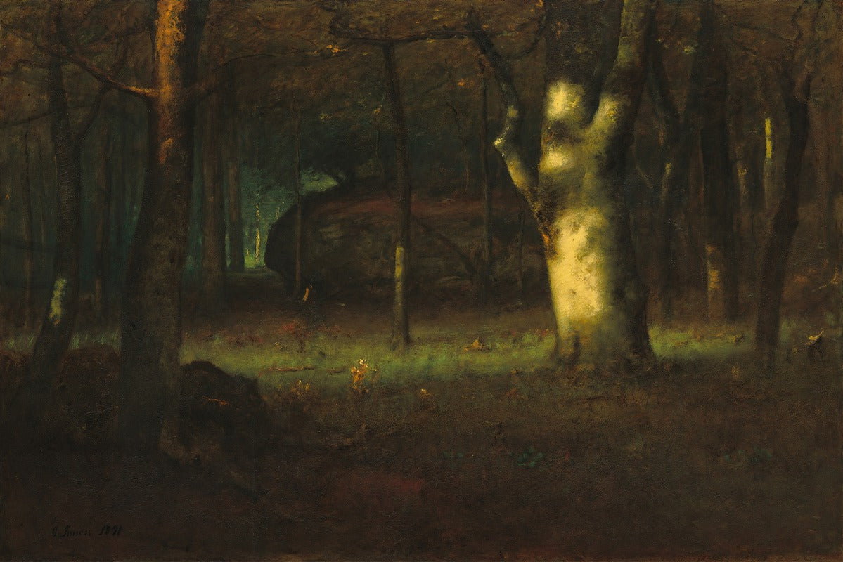 Sunset in the Woods Art Print by George Inness showing serene sunset over trees.