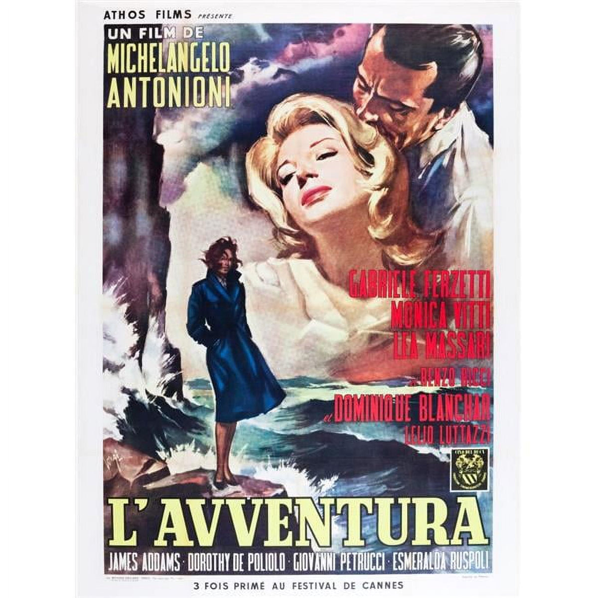 L'Avventura movie poster featuring Monica Vitti and Gabriele Ferzetti in vibrant colors.