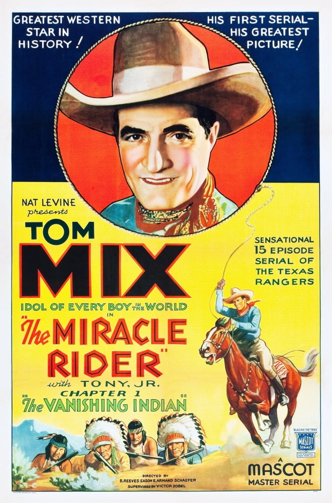 The Miracle Rider movie poster featuring Tom Mix, vintage 1935 film art.