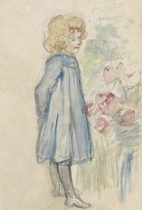 Standing Girl by a Flower Bed poster print by Jozef Israëls showcasing a young girl among colorful flowers.