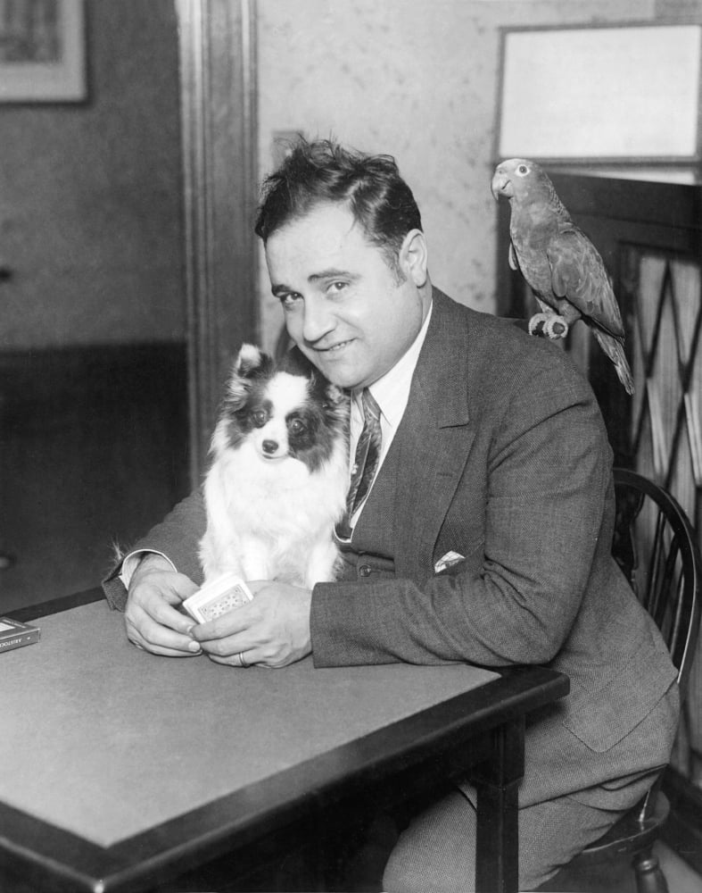 Vintage photo print of Beniamino Gigli with his dog Aida and a parrot, 1927.