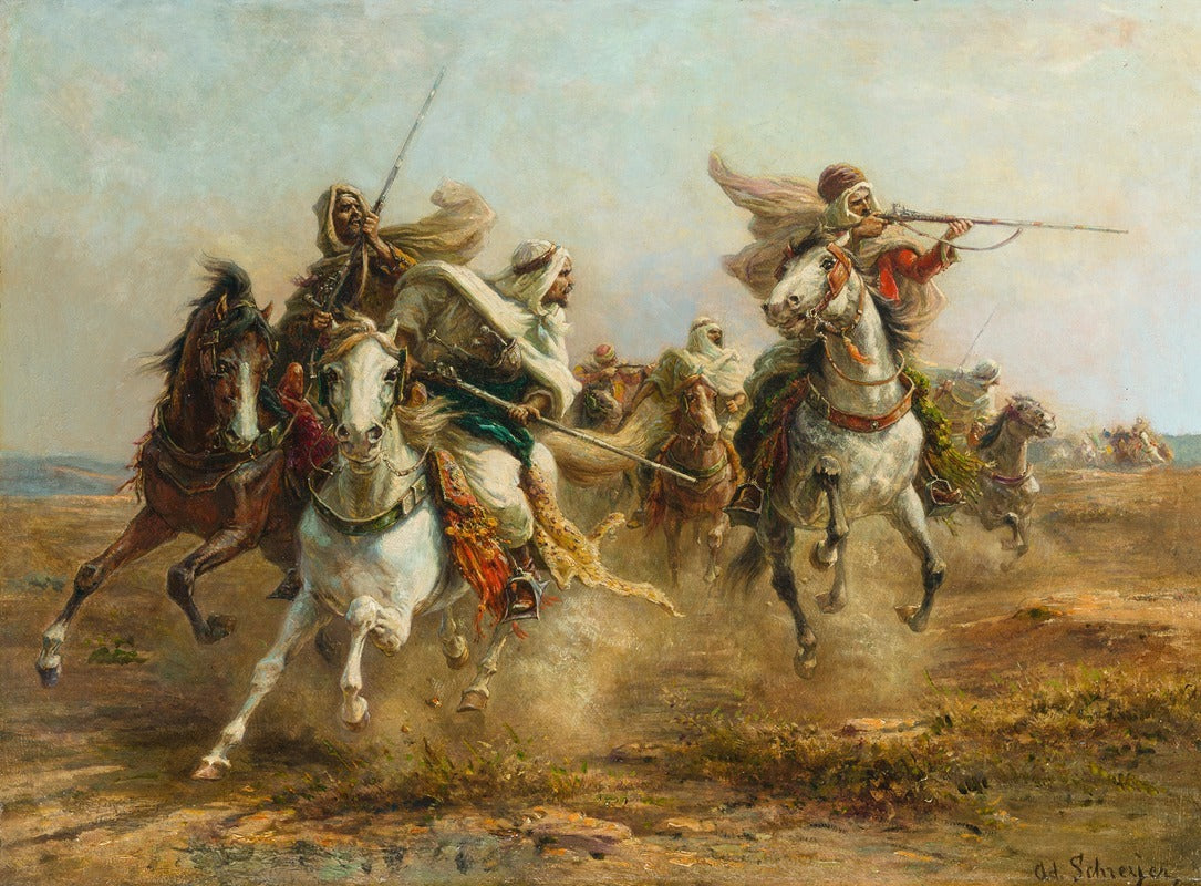 Bedouins Taking Aim Fine Art Print by Adolf Schreyer, showcasing Bedouin culture and adventure.