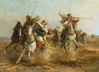 Bedouins Taking Aim Fine Art Print by Adolf Schreyer, showcasing Bedouin culture and adventure.