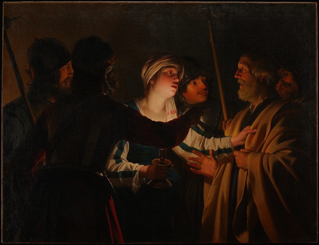 The Denial of St. Peter poster print by Gerard van Honthorst, featuring dramatic lighting and emotional depth.