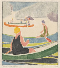 Canoes poster print by Edna Boies Hopkins showing serene lakeside scene.