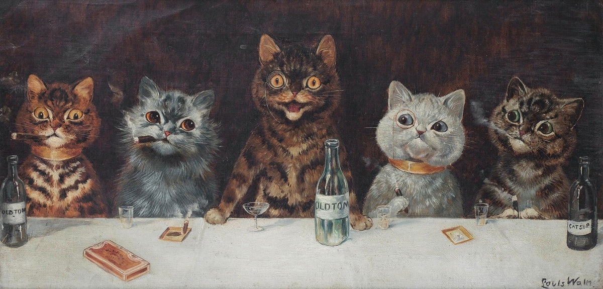 The Bachelor Party art print by Louis Wain, whimsical cat illustration.