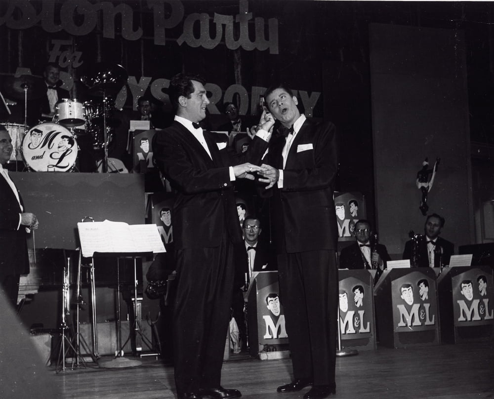 Martin and Lewis performing photo print, comedy duo, vintage art.