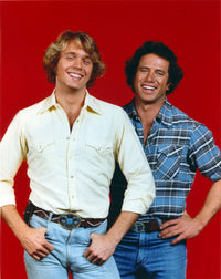 Dukes of Hazzard portrait photo print with a red background.