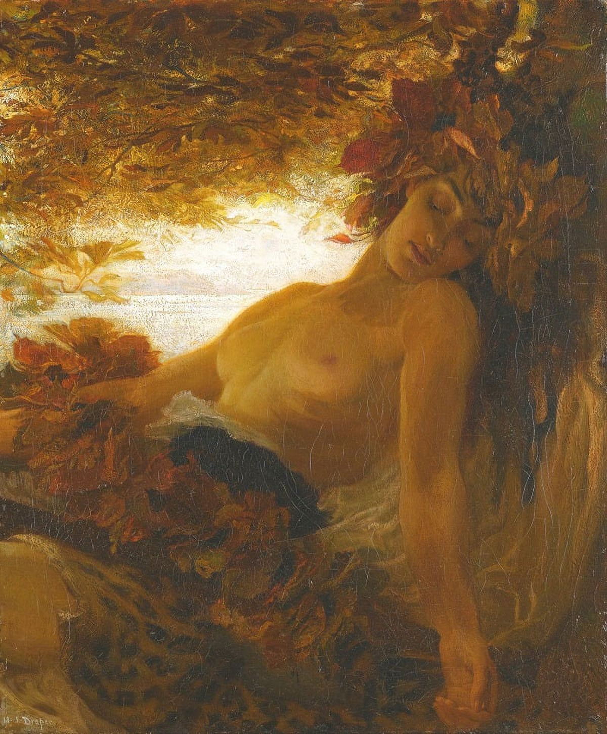 Autumn art print by Herbert James Draper showcasing vibrant fall colors.