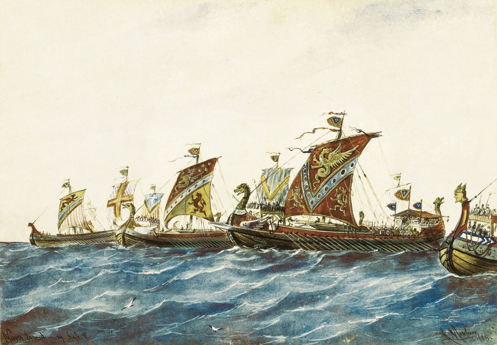 Viking Ships of King Olaf I of Norway poster print, depicting historic maritime art.