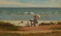 On the Beach at Marshfield Art Print by Winslow Homer showcasing coastal beauty.