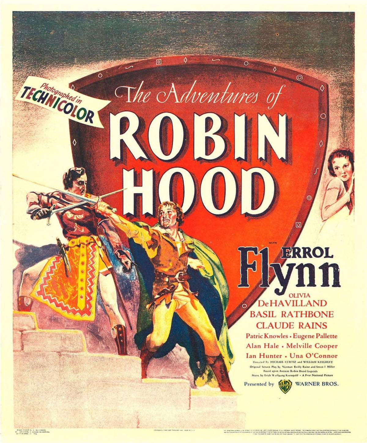 The Adventures of Robin Hood movie poster print featuring Errol Flynn and Olivia De Havilland.