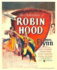 The Adventures of Robin Hood movie poster print featuring Errol Flynn and Olivia De Havilland.