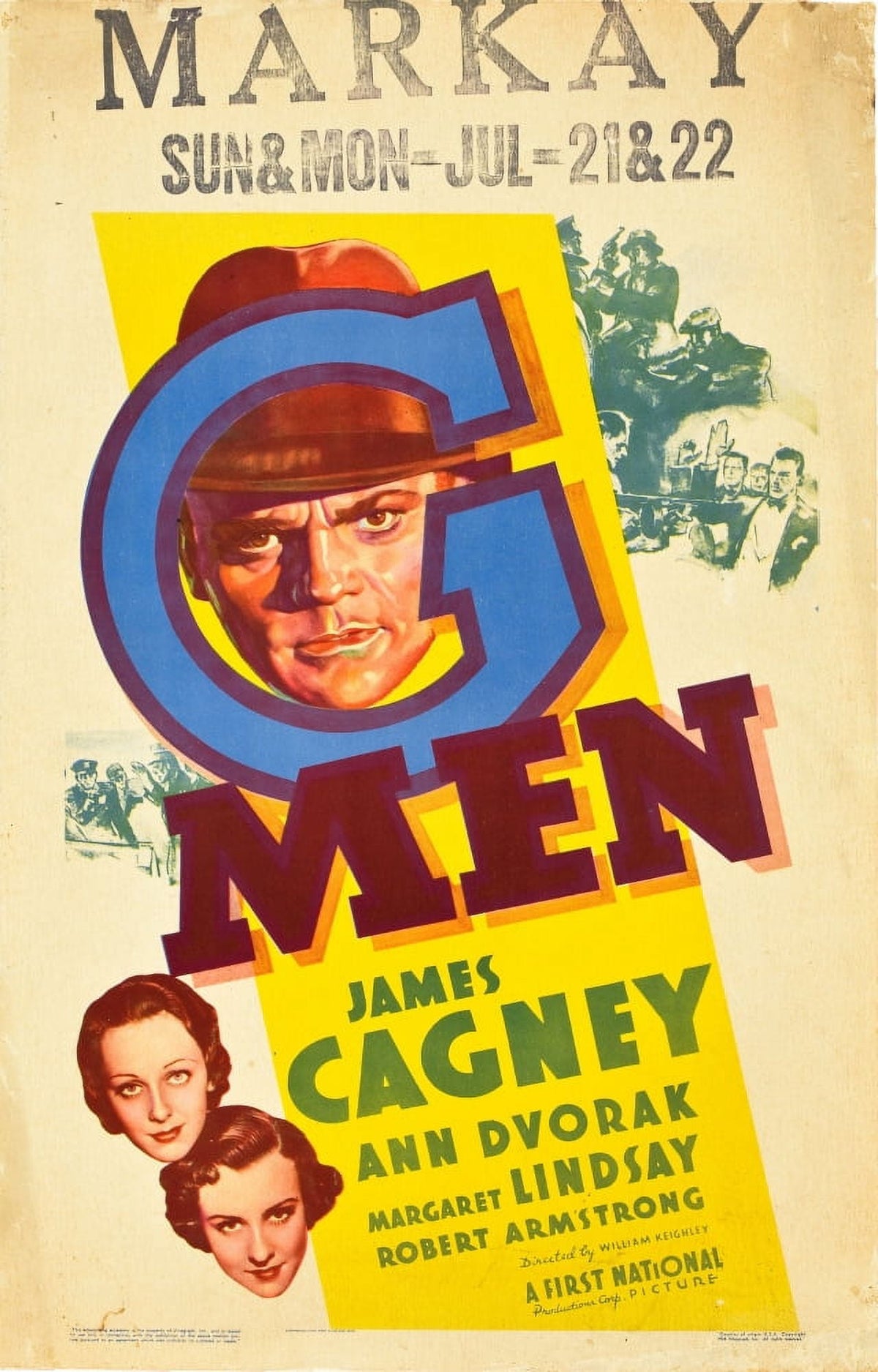 G-Men Movie Masterprint Poster featuring James Cagney, Ann Dvorak, and Margaret Lindsay from 1935.