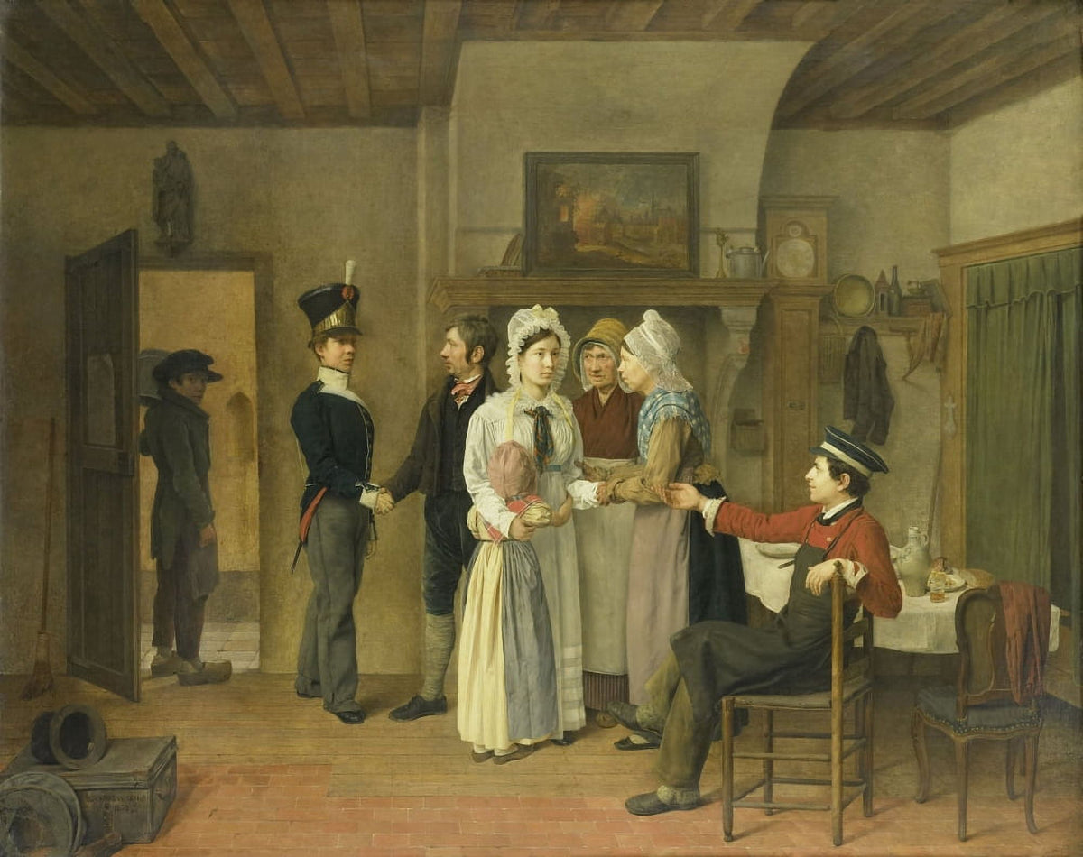 The Soldier's Farewell art print by Charles Van Beveren depicting a soldier saying goodbye to his family.