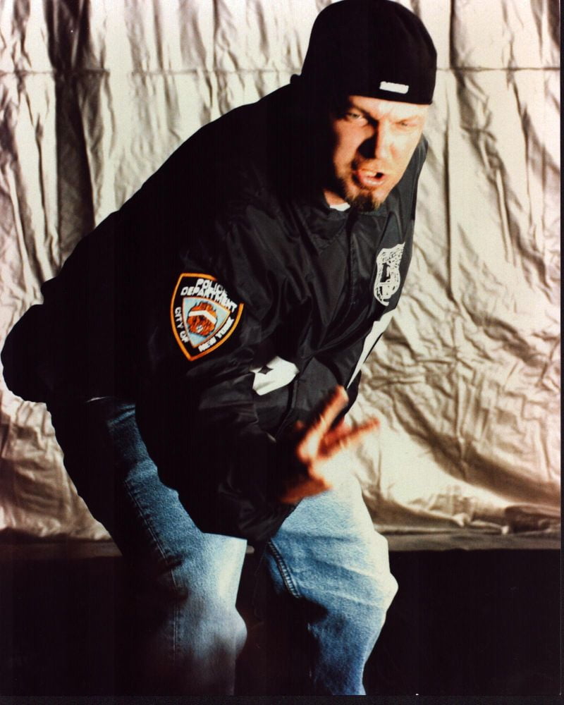 Fred Durst photo print wearing jeans and NYPD jacket