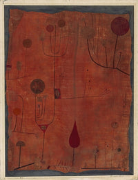 Fruits on Red art print by Paul Klee featuring colorful fruits on a red background.