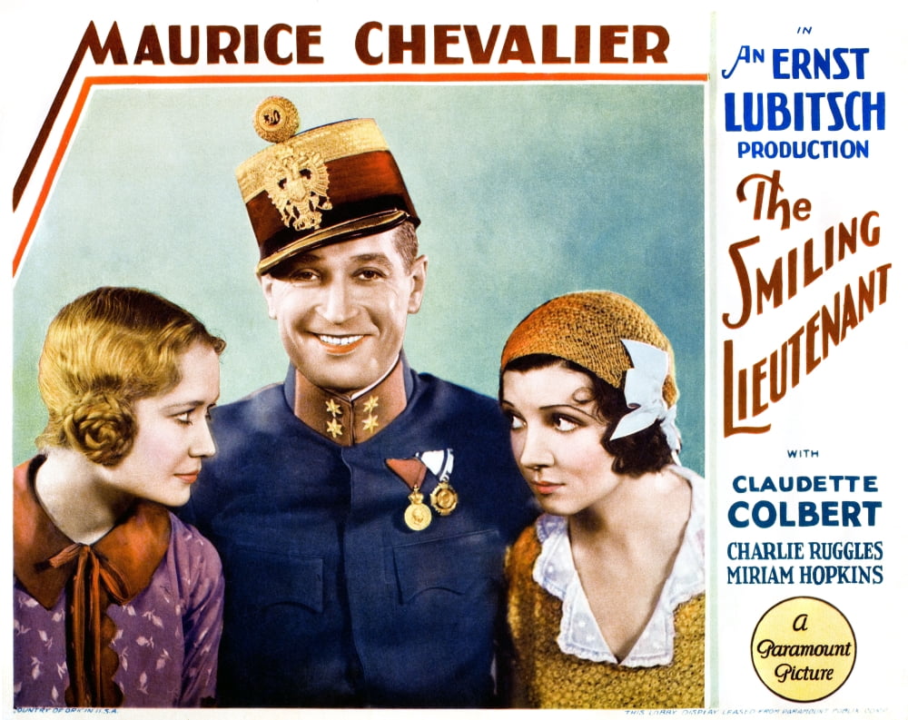 The Smiling Lieutenant movie lobby card print featuring Miriam Hopkins, Maurice Chevalier, and Claudette Colbert