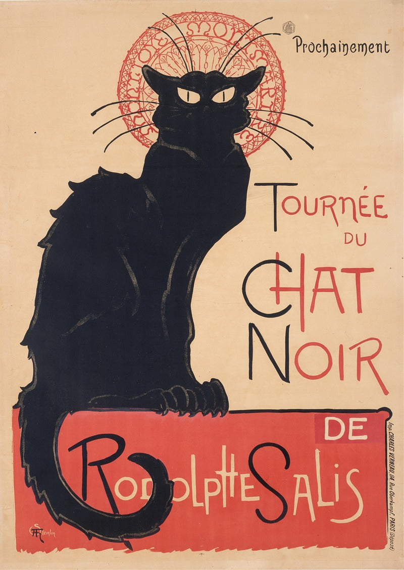 Tournée du Chat Noir poster print by Théo Steinlen featuring a black cat and Parisian nightlife